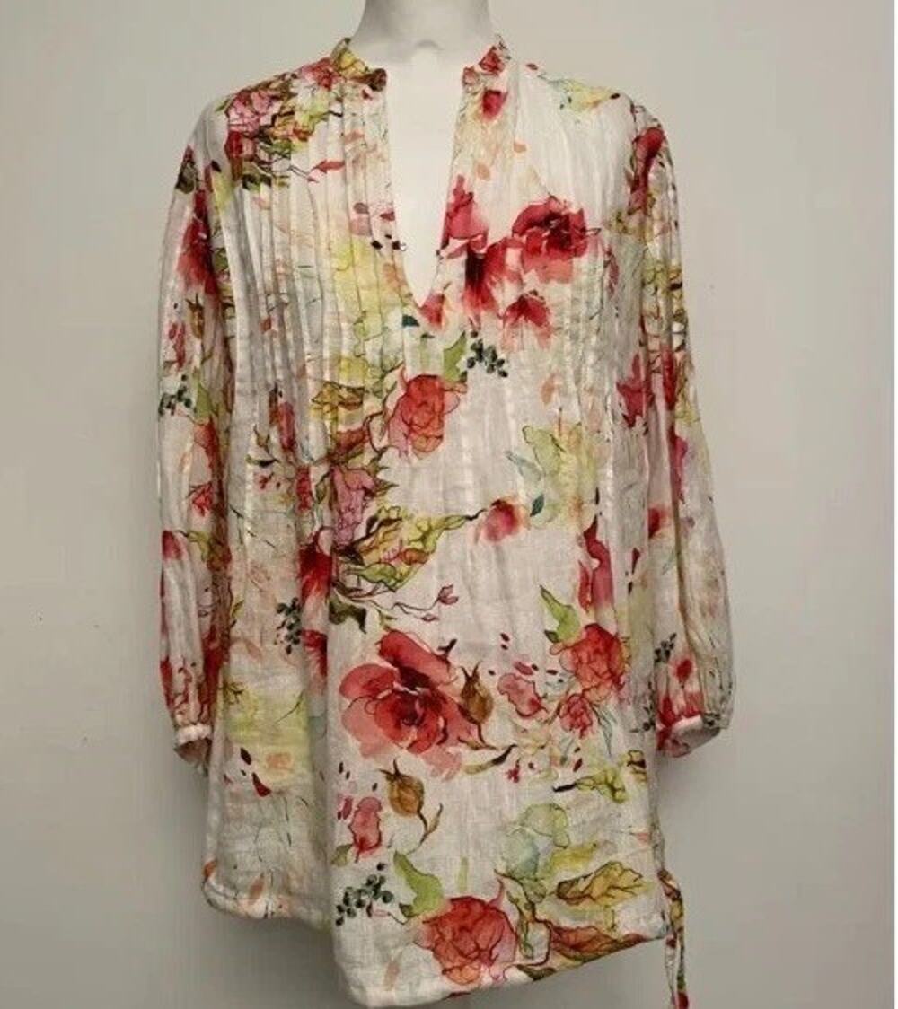 120% Lino Floral Linen Blouse Top Italy Long Sleeve – Tags Removed (Bust 22”)